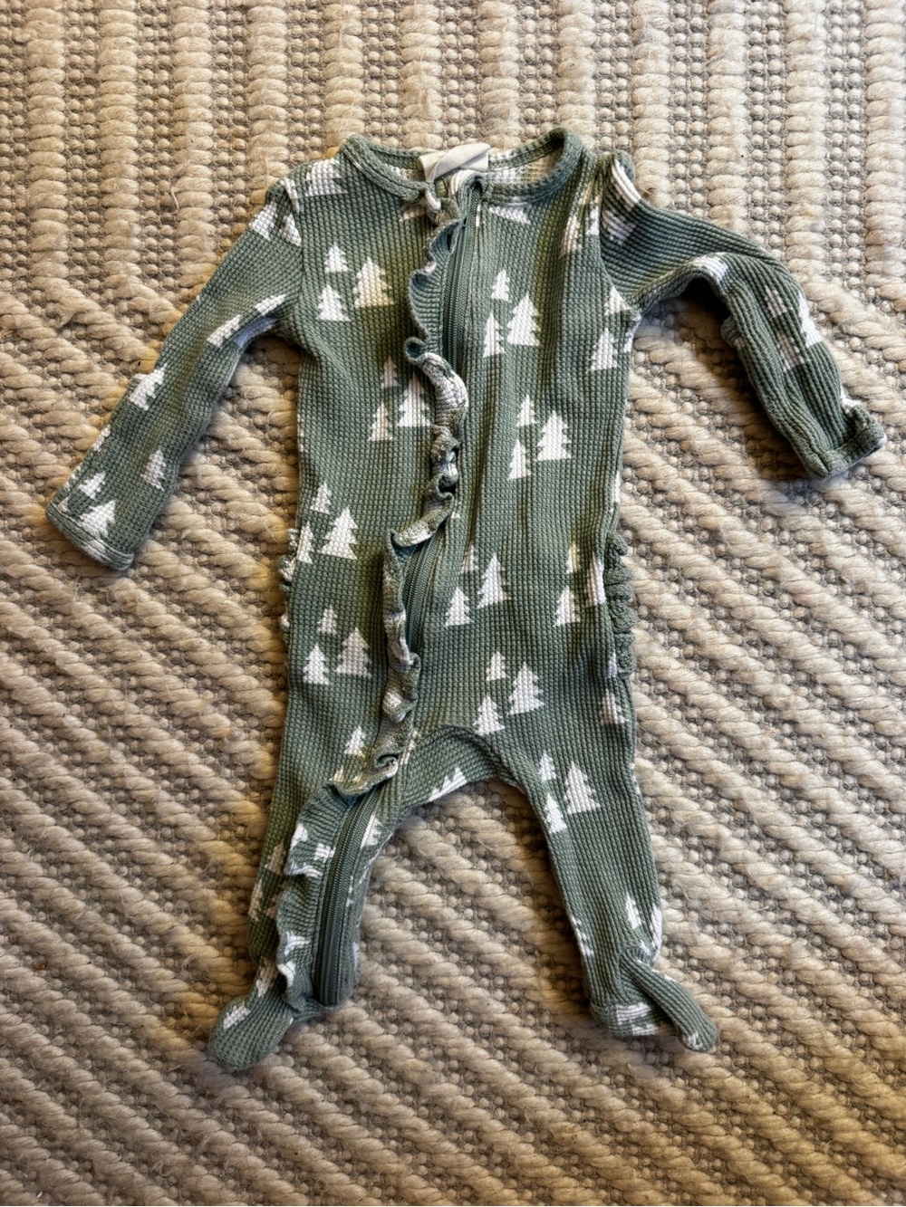 Ruffle-Trim Olive Green Tree Print Footed One-Piece for Kids